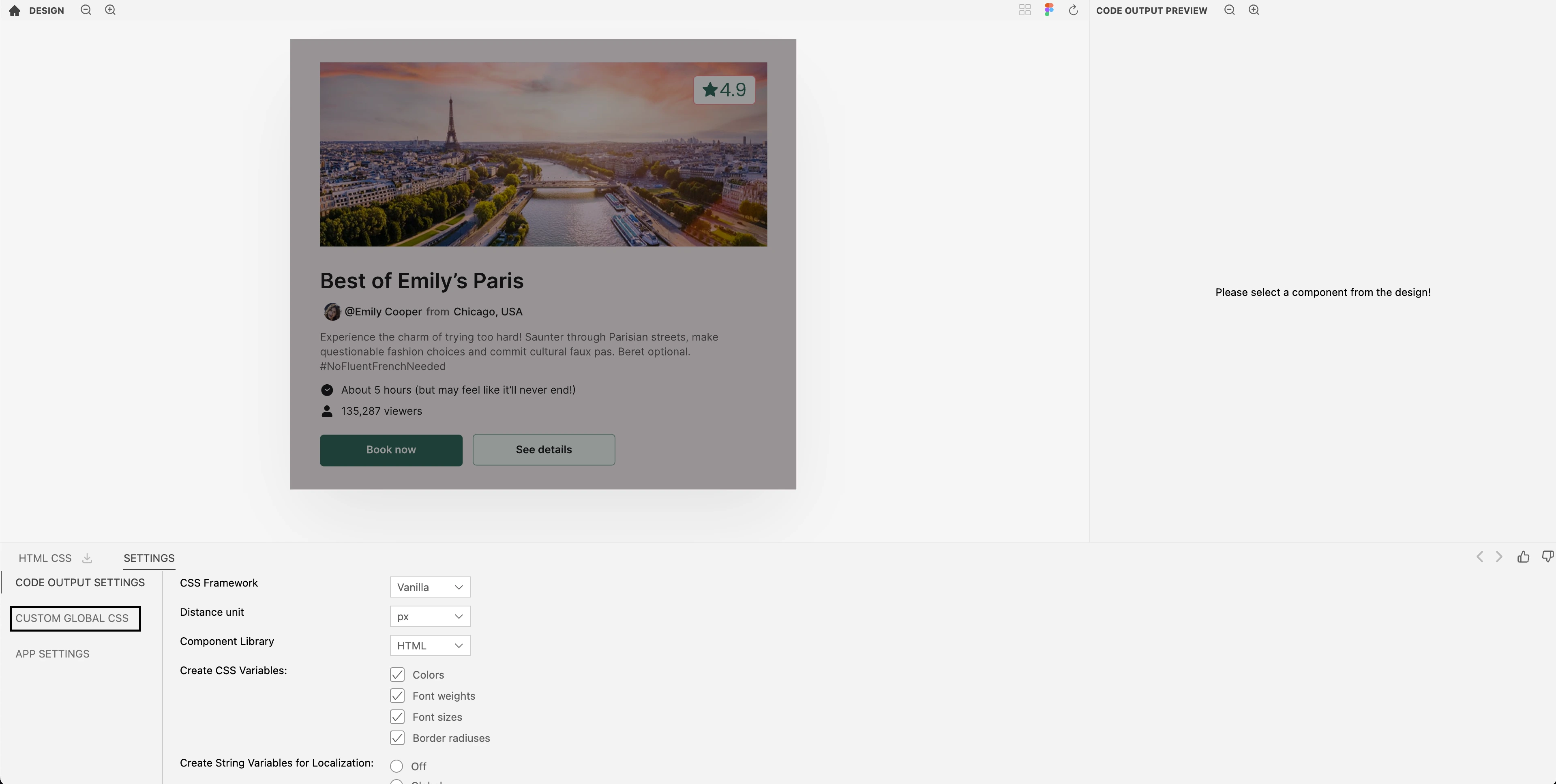 Screenshot of Kombai highlighting Custom Global CSS tab